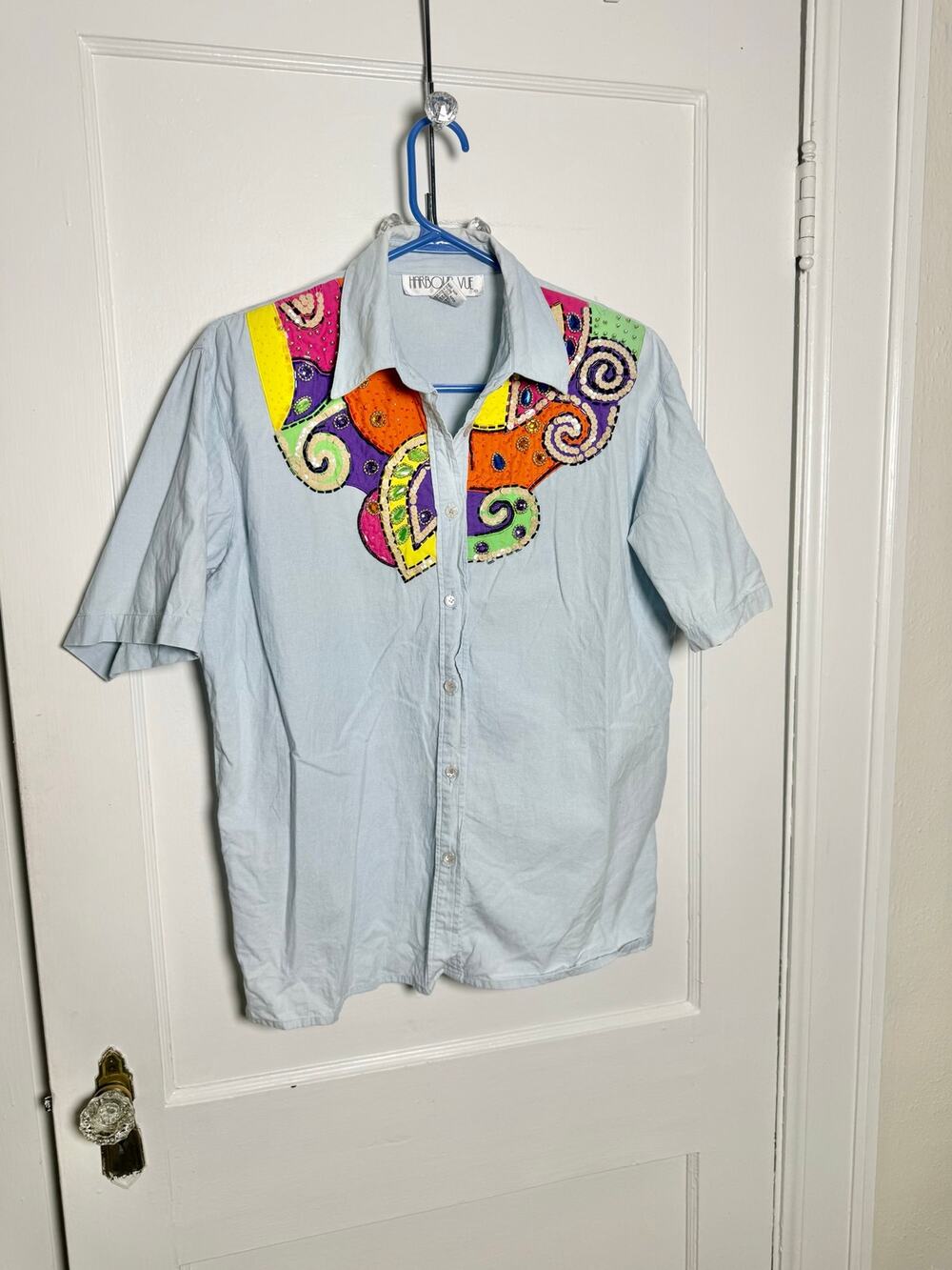 VTG Harbour Vue Shirt Beaded Sequin Patchwork Wearable Art 80s 90s Maximalist XL
